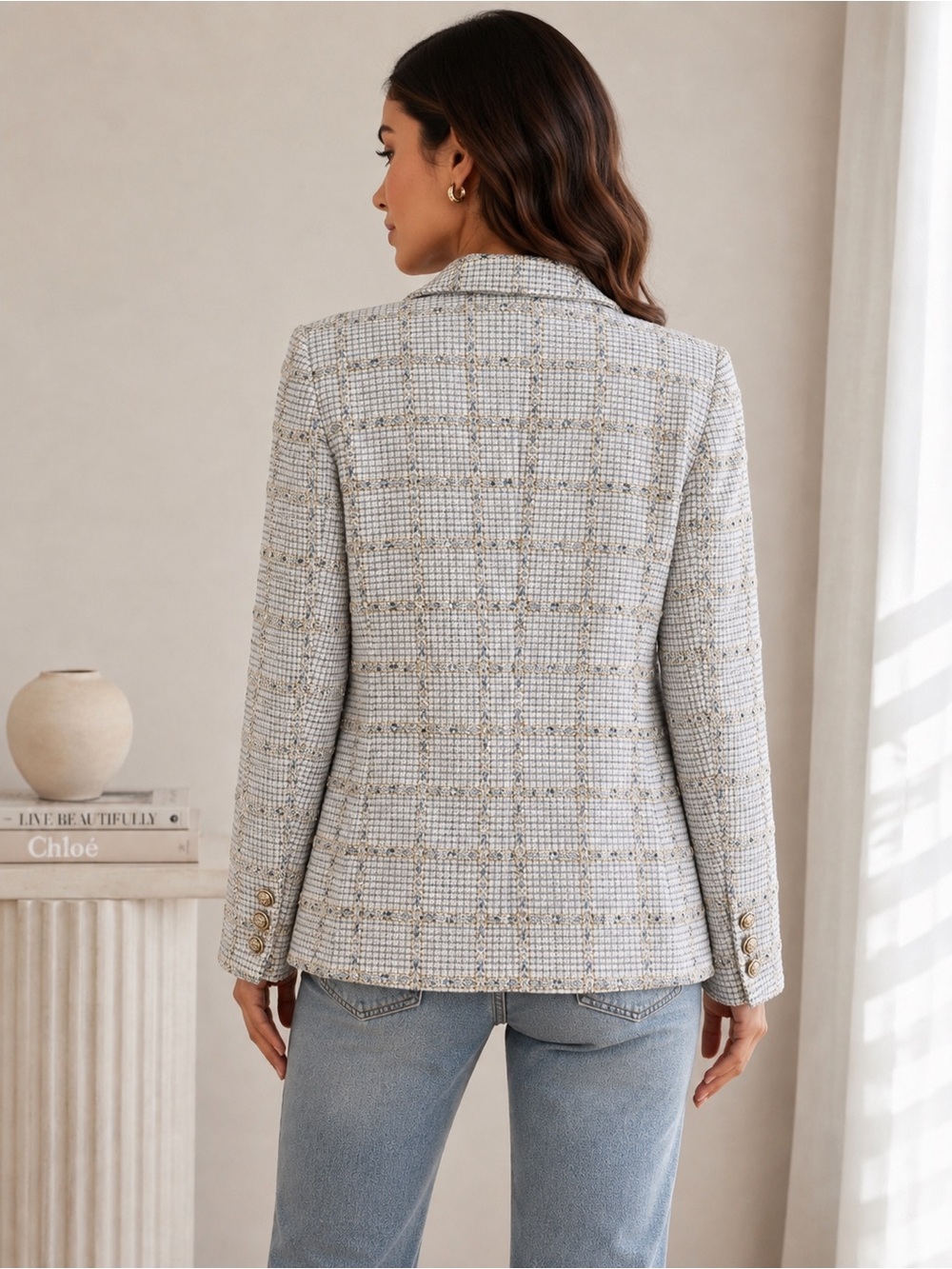 Rachel Zoe Light Blue and Gold-Thread Tweed Double-Breasted Blazer - Picture 2 of 5